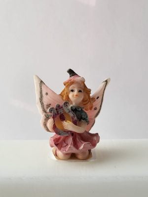 Liten älva med harpa, 5 cm, röd/rosa