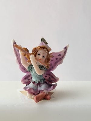 Liten älva med flöjt, 5 cm, blå/rosa