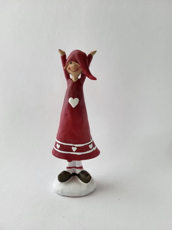 Tomte med hjärta på klänning, röd, 16 cm
