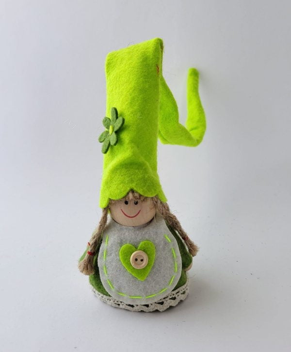 Tomte, tjej, grön, 12 - 30 cm, med blomma på hatt och hjärta på förkläde