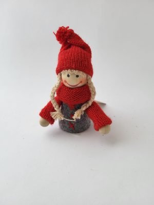 Tomte, tjej, grå/röd, 11 cm, med stickad mössa och slips
