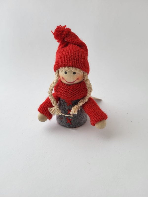 Tomte, tjej, grå/röd, 11 cm, med stickad mössa och slips