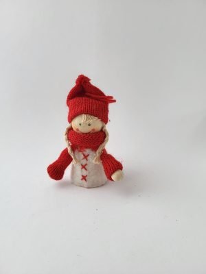 Tomte, tjej, vit/röd, 11 cm, med stickad mössa och slips